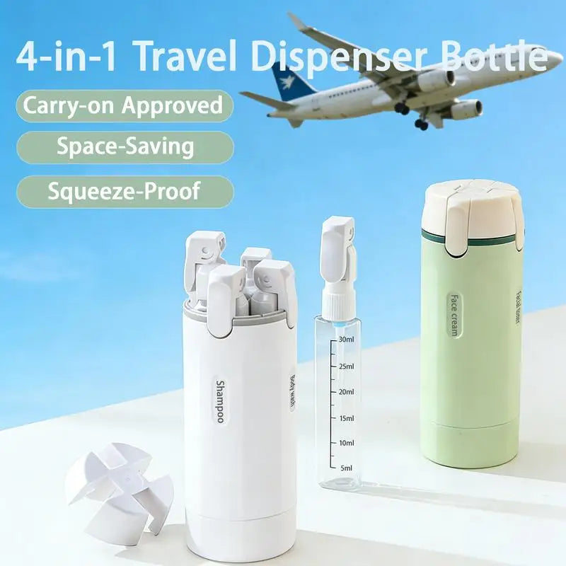 TSA Approved 4-in-1 Rotating Travel Dispenser Bottle Set Leakproof Refillable Lotion Shampoo Toiletry Kit Business Wholesale